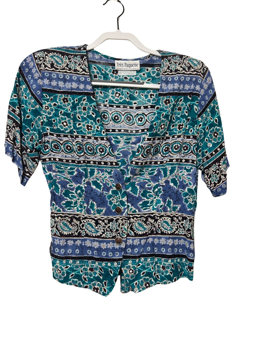 Byer California Teal, Navy & Black Mixed Print Button-Front Top